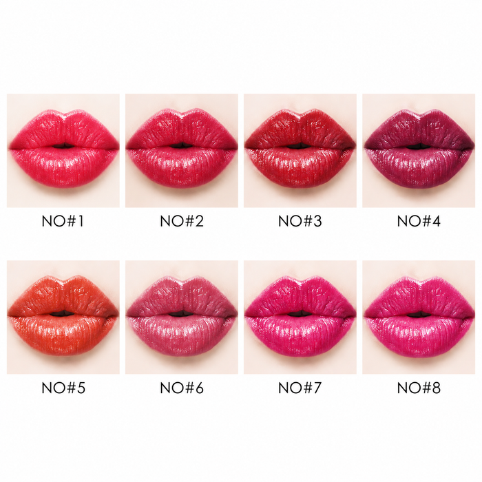 Moisturizing lipstick shade chart showing eight confirmed color choices from NO1 to NO8, displayed clearly for design detail.