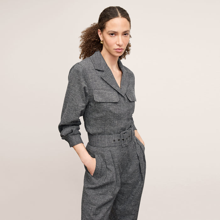 front image of a woman wearing the natalia jacket in black/white | Lead