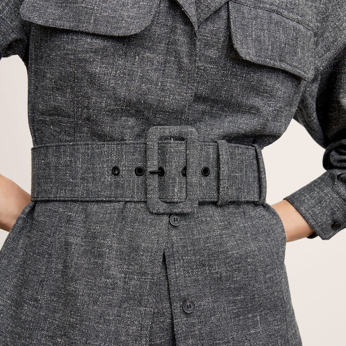detail image of a woman wearing the natalia jacket in black/white