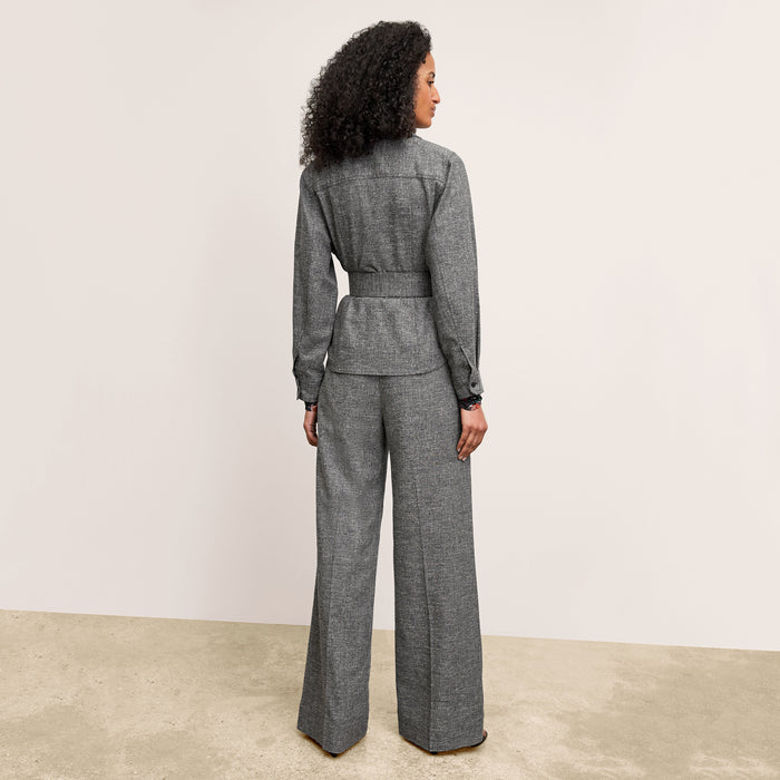 back image of a woman wearing the natalia jacket in black/white