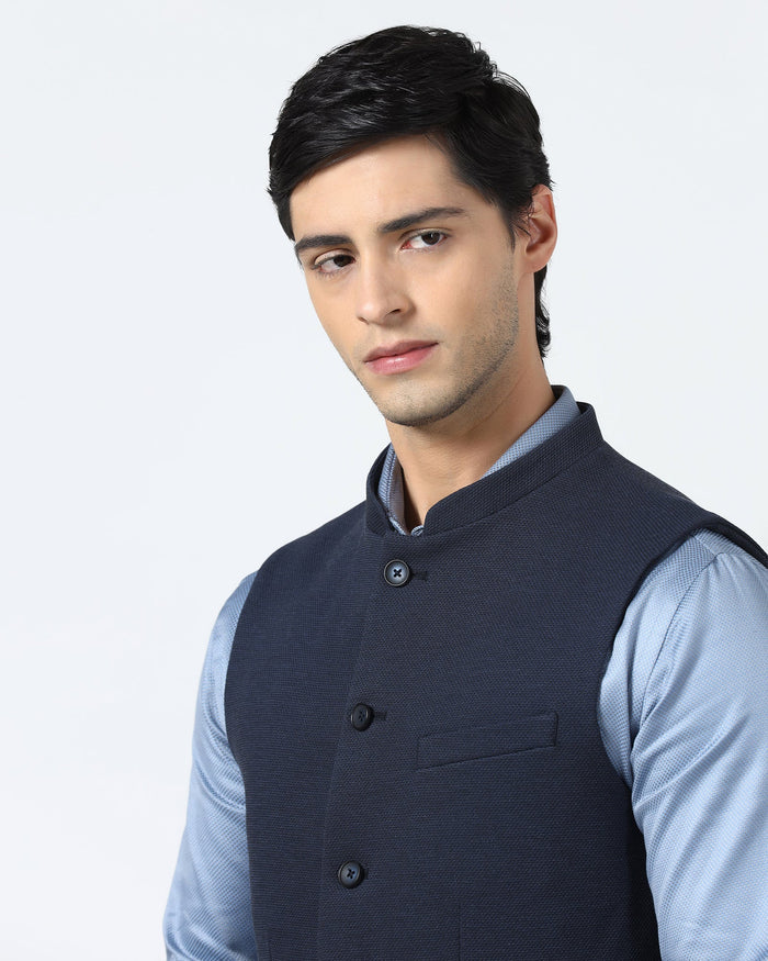 Navy Bandhgala Textured Waistcoat - Levon