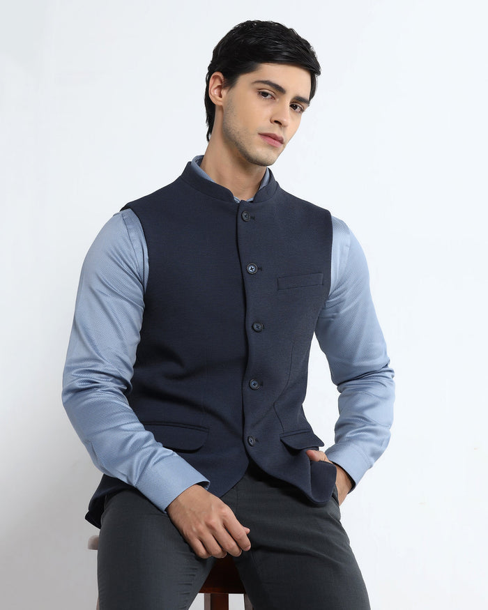 Navy Bandhgala Textured Waistcoat - Levon