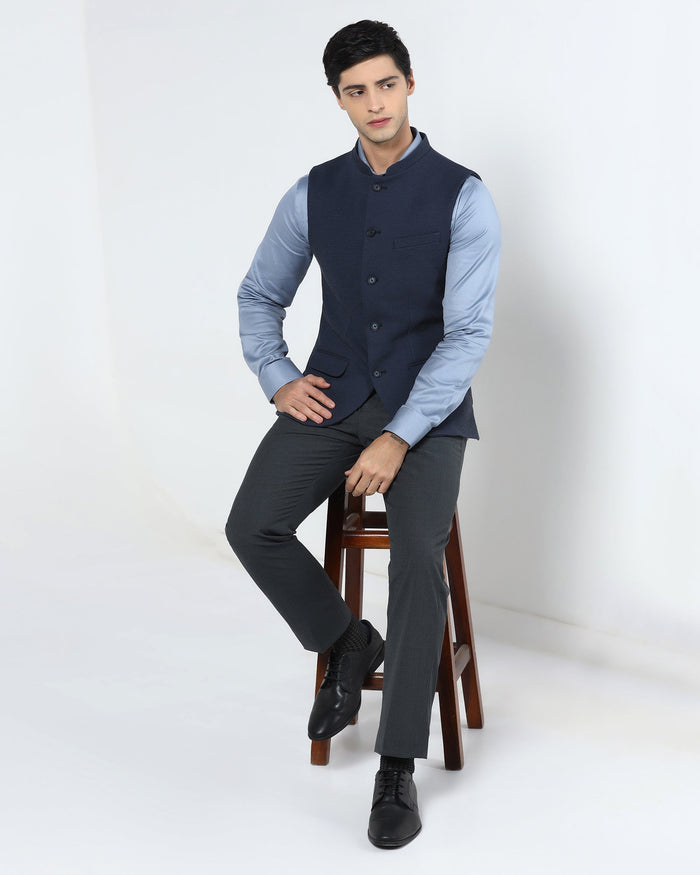 Navy Bandhgala Textured Waistcoat - Levon