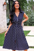 Navy Polka Dot Midi Zipper Dress