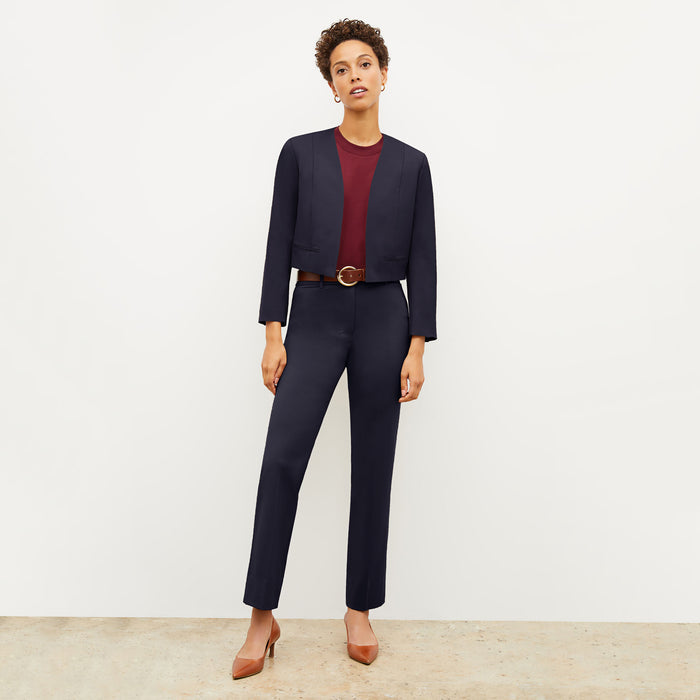Front image of a woman wearing the Neale blazer in Galaxy Blue
