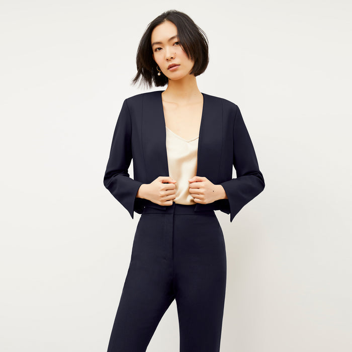 Front image of a woman wearing the Neale blazer in Galaxy Blue