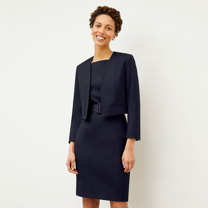 Front image of a woman wearing the Neale blazer in Galaxy Blue