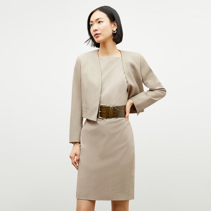 Front image of a woman wearing the Neale Jacket in Natural Melange