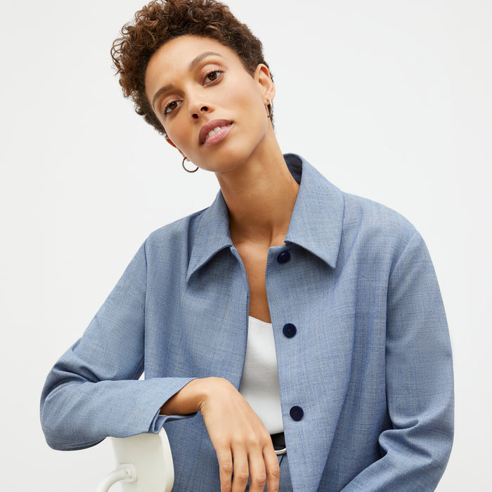 Front image of a woman wearing the nicky jacket in indigo and white | Lead
