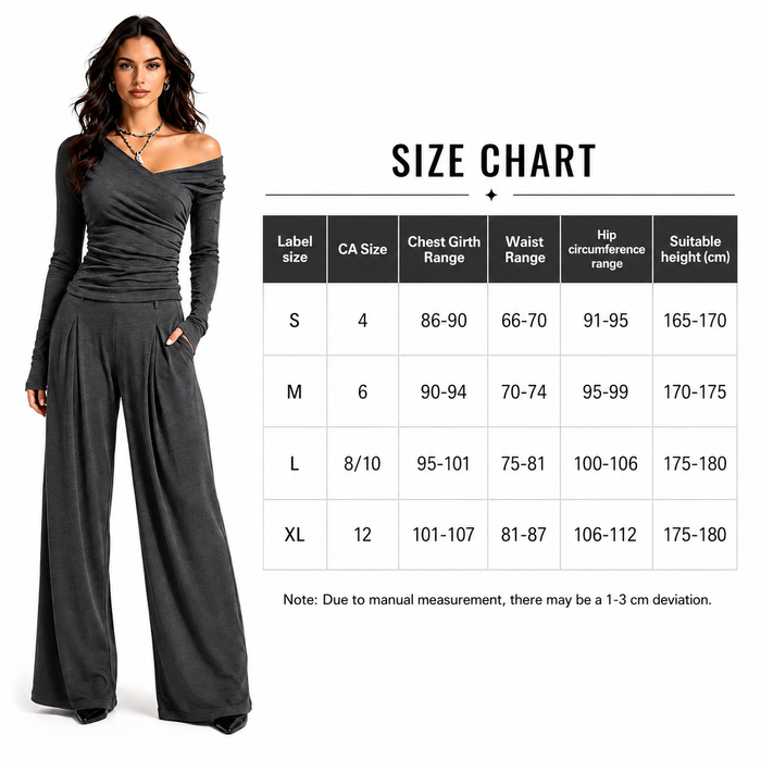 Women's off shoulder wide leg pants set size chart with S, M, L and XL measurements displayed beside the charcoal outfit.