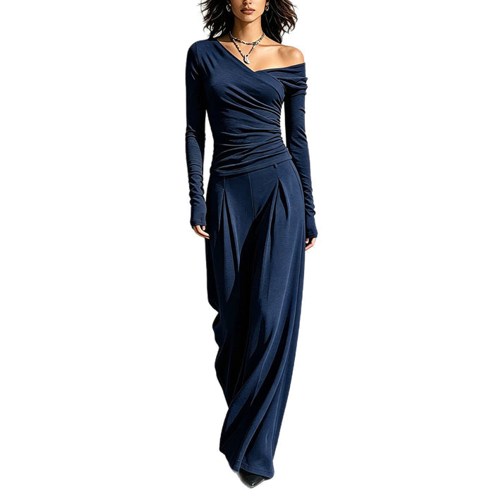 Off shoulder long sleeve top and wide leg pants set for women in a coordinated solid color two piece casual outfit daily look