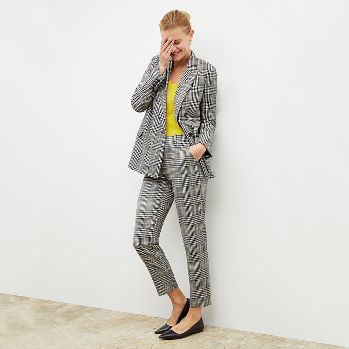 Front image of a woman wearing the o'hara blazer in plaid sharkskin