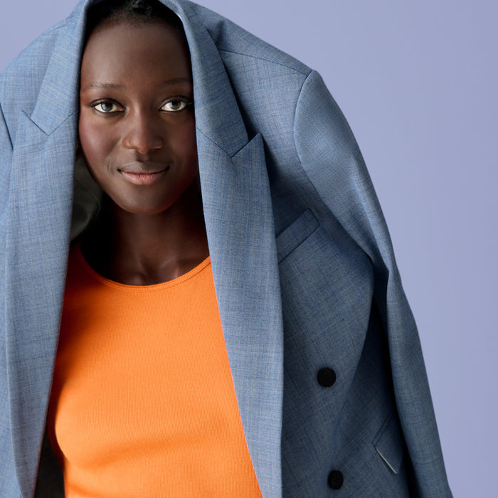 Front image of a woman with the O'Hara Blazer in Indigo and White on her head