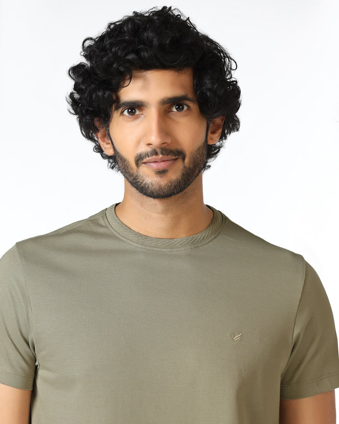Olive Crew Neck Textured T-Shirt - Hexa