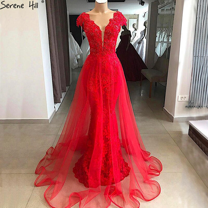 On Sale no return no refundSale Red Lace Pearls V-Neck Evening Dresses Design 2025 Cap Sleeve Sexy Mermaid Formal Dress Serene Hill LA6604 - SERENE HILL
