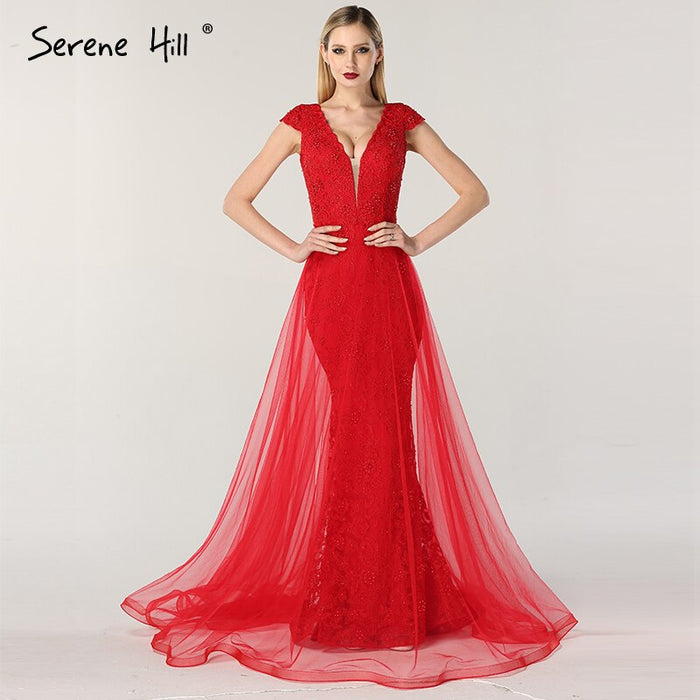 On Sale no return no refundSale Red Lace Pearls V-Neck Evening Dresses Design 2025 Cap Sleeve Sexy Mermaid Formal Dress Serene Hill LA6604 - SERENE HILL