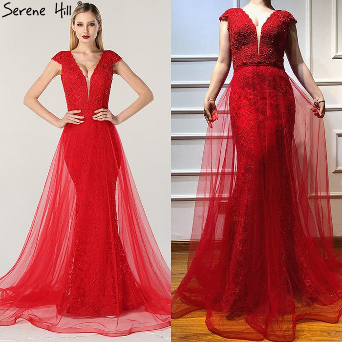 On Sale no return no refundSale Red Lace Pearls V-Neck Evening Dresses Design 2025 Cap Sleeve Sexy Mermaid Formal Dress Serene Hill LA6604 - SERENE HILL