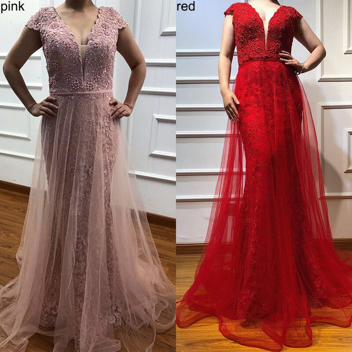 On Sale no return no refundSale Red Lace Pearls V-Neck Evening Dresses Design 2025 Cap Sleeve Sexy Mermaid Formal Dress Serene Hill LA6604 - SERENE HILL