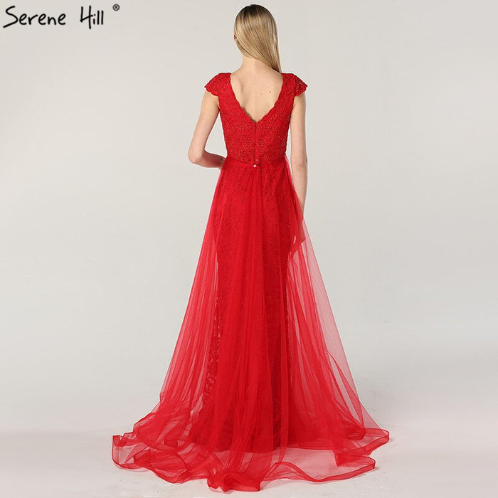 On Sale no return no refundSale Red Lace Pearls V-Neck Evening Dresses Design 2025 Cap Sleeve Sexy Mermaid Formal Dress Serene Hill LA6604 - SERENE HILL
