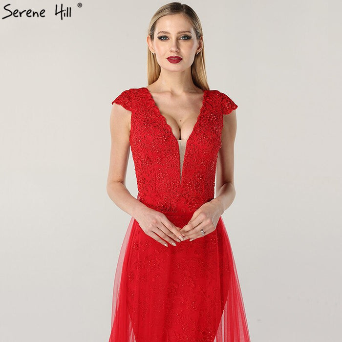 On Sale no return no refundSale Red Lace Pearls V-Neck Evening Dresses Design 2025 Cap Sleeve Sexy Mermaid Formal Dress Serene Hill LA6604 - SERENE HILL