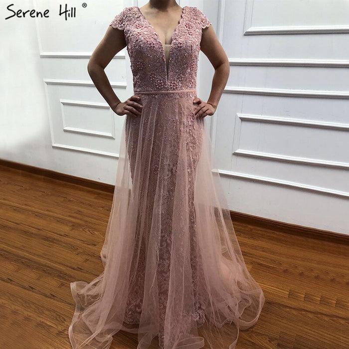 On Sale no return no refundSale Red Lace Pearls V-Neck Evening Dresses Design 2025 Cap Sleeve Sexy Mermaid Formal Dress Serene Hill LA6604 - SERENE HILL