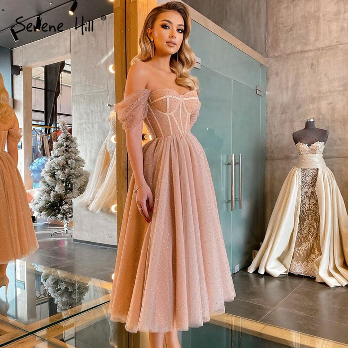 On Sale no return no refundSale Serene Hill Peach A-Line Sexy Evening Gowns 2025 Sleeveless Beaded Ankle-Length For Women Party LA71289 - SERENE HILL