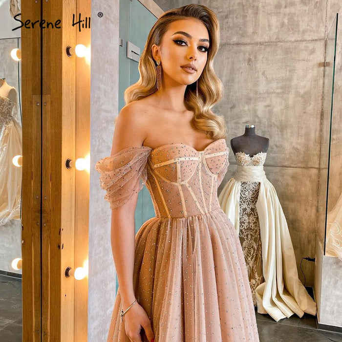 On Sale no return no refundSale Serene Hill Peach A-Line Sexy Evening Gowns 2025 Sleeveless Beaded Ankle-Length For Women Party LA71289 - SERENE HILL