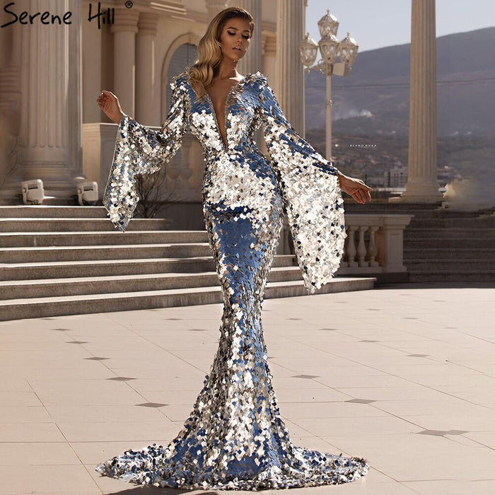 On Sale no return no refundSerene Hill Muslim Silver Mermaid Evening Dresses Gowns 2025 Flare Sleeves Elegant For Women Party LA70650 - SERENE HILL