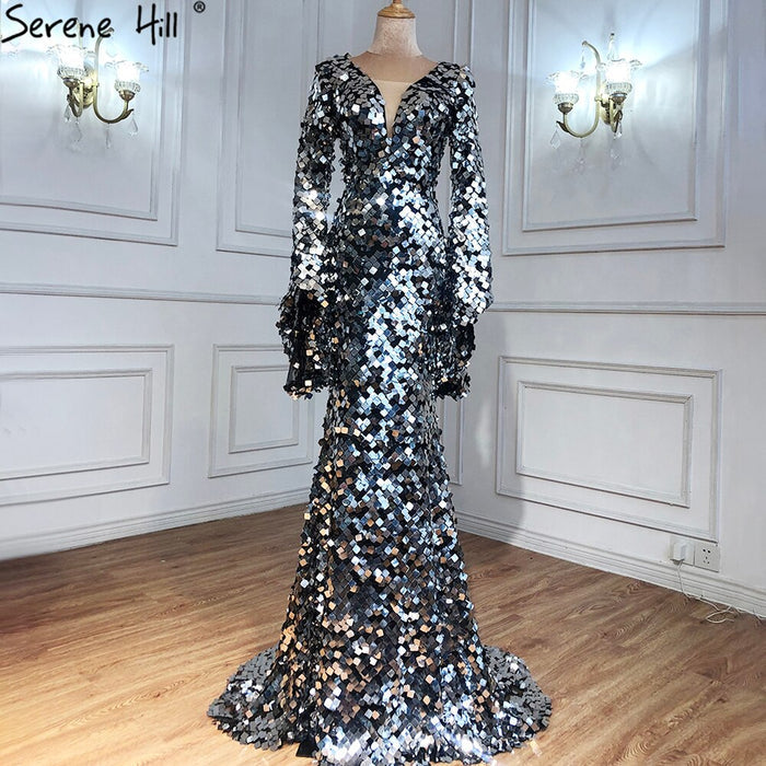 On Sale no return no refundSerene Hill Muslim Silver Mermaid Evening Dresses Gowns 2025 Flare Sleeves Elegant For Women Party LA70650 - SERENE HILL