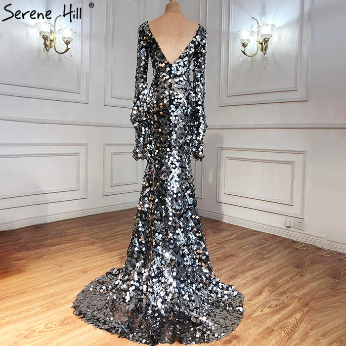 On Sale no return no refundSerene Hill Muslim Silver Mermaid Evening Dresses Gowns 2025 Flare Sleeves Elegant For Women Party LA70650 - SERENE HILL