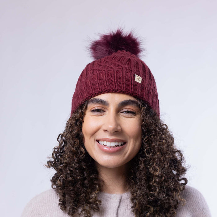Only Curls Satin Lined Knitted Beanie Hat - Burgundy with Pom Pom - Only Curls
