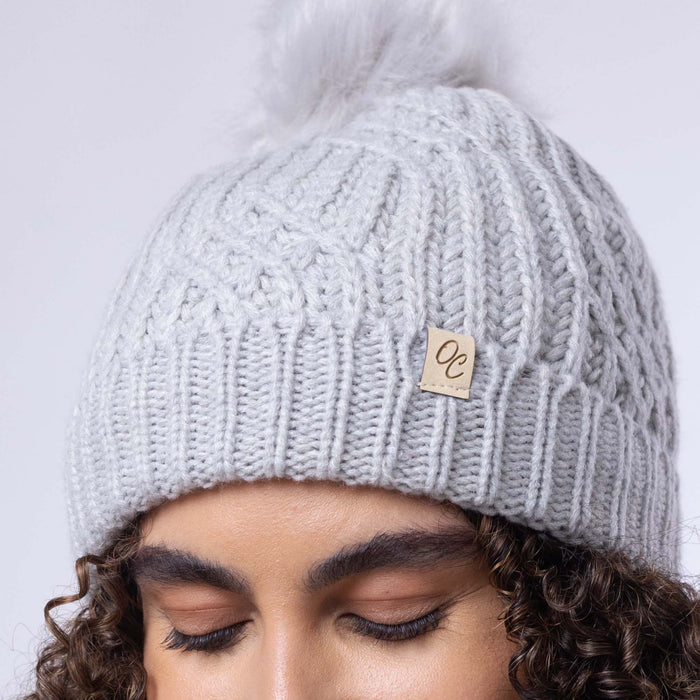 Only Curls Satin Lined Knitted Beanie Hat - Grey with Pom Pom - Only Curls