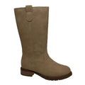 A mid-calf boot in taupe suede with a low brown block heel, shown from a side profile view against a plain white background.