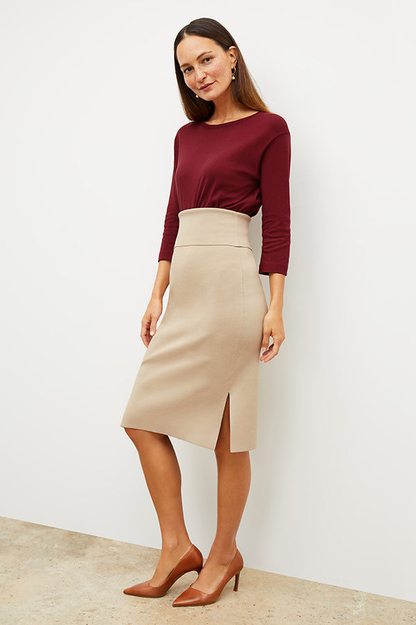 Front image of a woman wearing the owen tshirt in maroon | Exclude | Grid