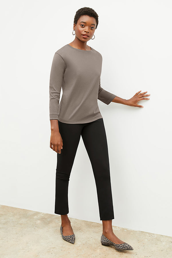 Front image of a woman wearing the owen t shirt in pebble | Exclude | Grid