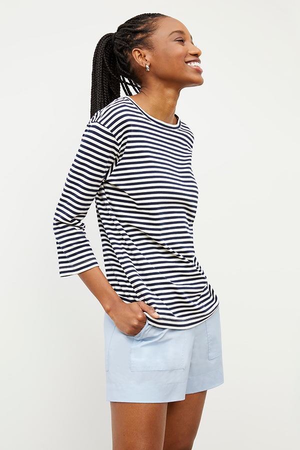 Image of a woman wearing the Owen T-Shirt in Navy / Ivory | Grid Hover | Exclude