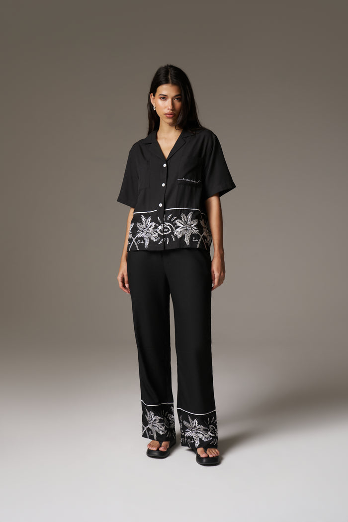 PALM EMBROIDERY WIDE LEG TROUSERS - BLACK