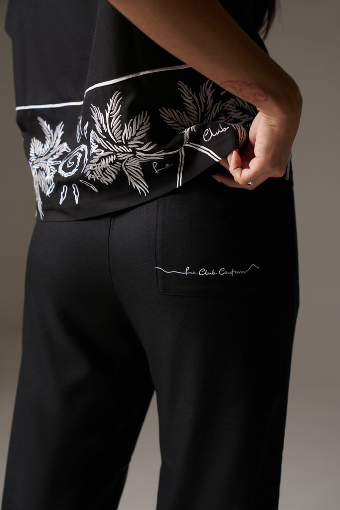 PALM EMBROIDERY WIDE LEG TROUSERS - BLACK