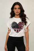 Patriotic short sleeve graphic tee featuring a red, white, and blue heart design on the front.