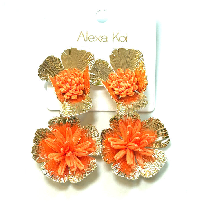 Large drop earrings with dimensional peach flowers and shiny gold petals on a display card labeled Alexa Koi.
