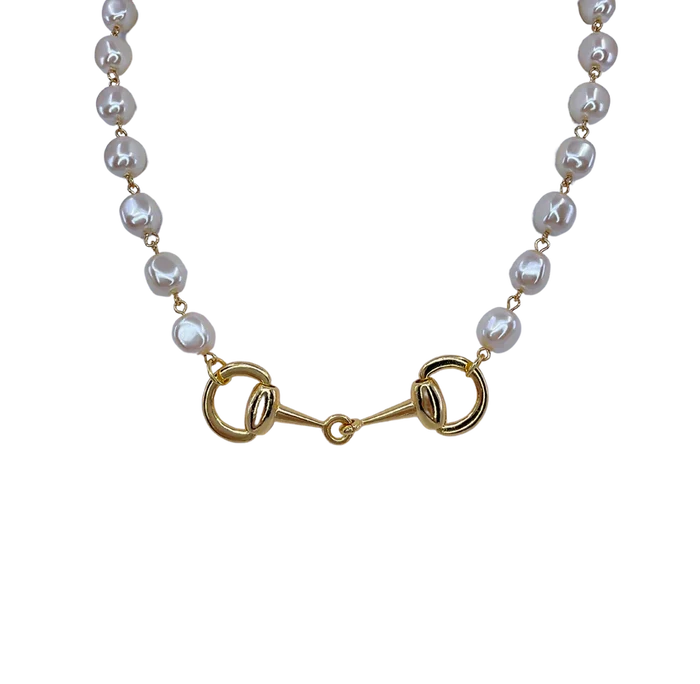 Pearl & Gold Crescent Horse Bit Necklace