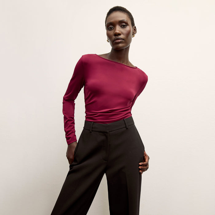 front image of a woman wearing the percy top in grenache | Lead