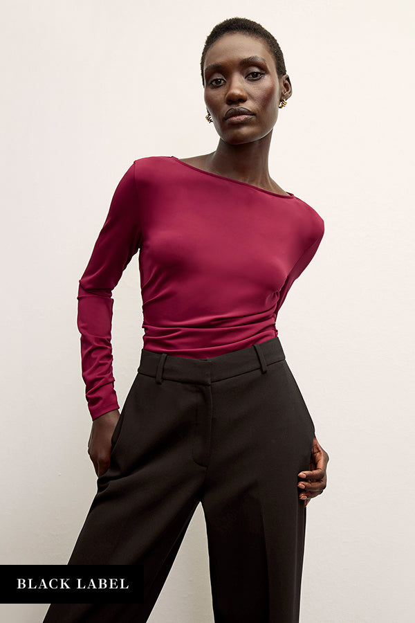 front image of a woman wearing the percy top in grenache | Exclude | Grid