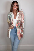 Pink floral patch lace sequin blazer jacket with long sleeves, button-front styling, and shimmering embellished patchwork details.