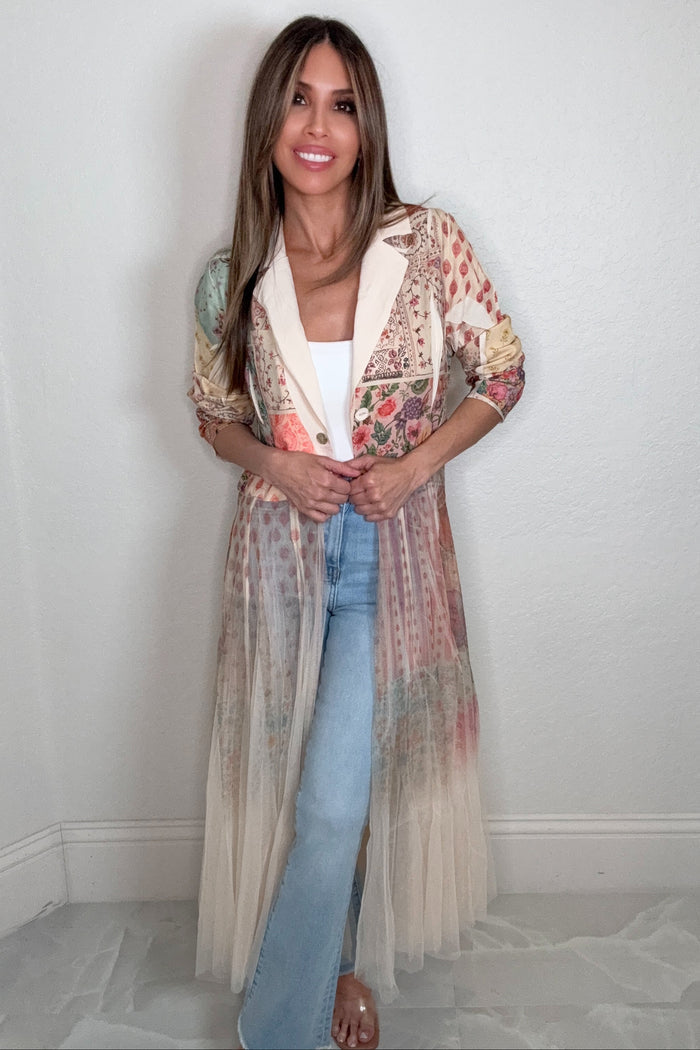Style the Pink Floral Patch Tulle Cardigan  Blazer exclusively at Born To Glam