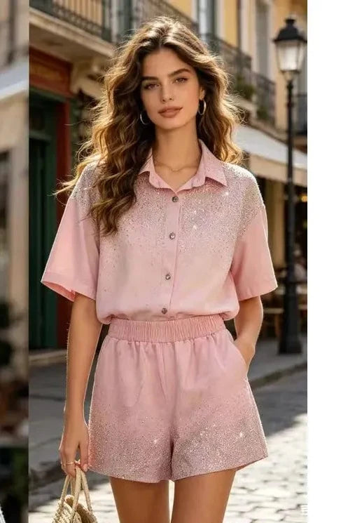 Pink glitter ombre short sleeve button-up top with matching high-waisted shorts featuring a shimmering gradient finish.
