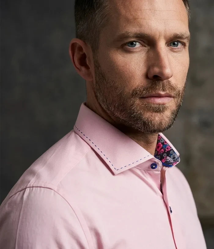 Pink Plain Shirt with Contrasting Stitching on Collar
