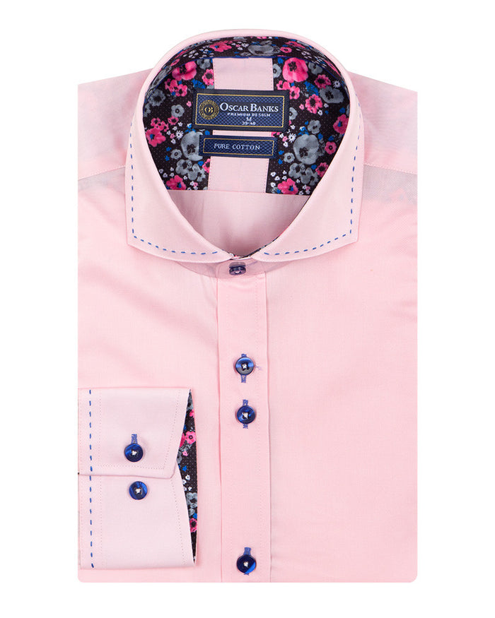 Pink Plain Shirt with Contrasting Stitching on Collar-Makrom