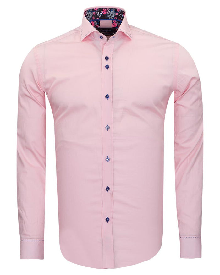 Pink Plain Shirt with Contrasting Stitching on Collar-Makrom