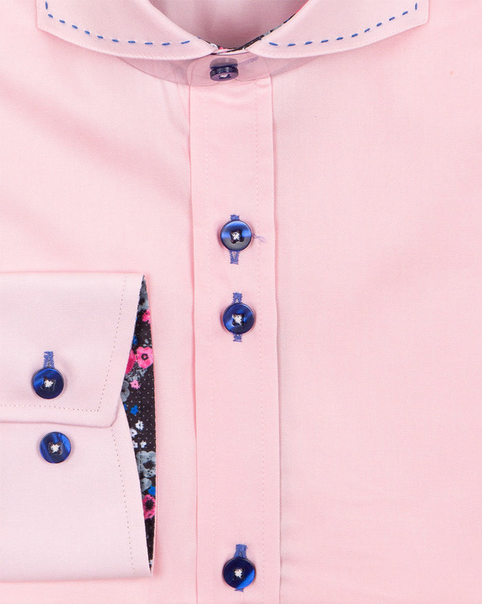 Pink Plain Shirt with Contrasting Stitching on Collar-Makrom